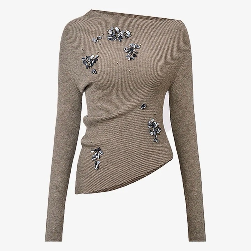 Luxurious matching 2 piece knit sweater top & skirt embellished SET - Picture 4 of 14